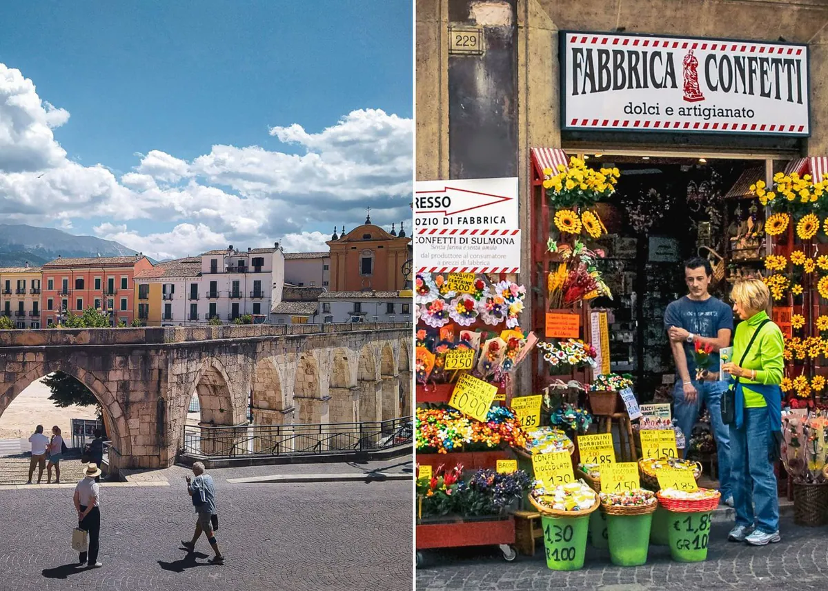 Das Aquädukt auf der Piazza Garibaldi in Sulmona und ein Laden mit Confetti-Blumen